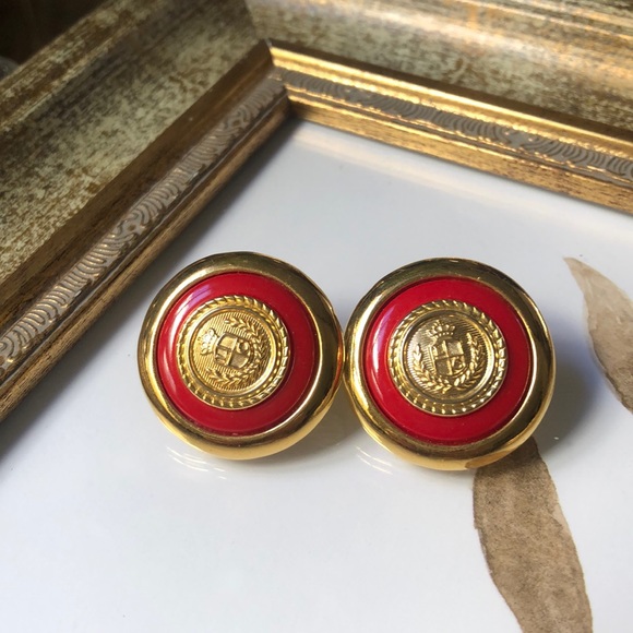 Liz Claiborne vintage button earrings red gold - Picture 2 of 7